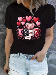Camiseta Estampada para Mujer - Camiseta Casual de Manga Corta y Cuello Redondo en Negro con Diseño Colorido de Corazones y la Palabra LOVE. Con un Corte Relajado para Todas las Estaciones, la Elección Perfecta Tanto para el Uso Diario Como para Tus Atuendos de Vacaciones (Lavable aáquina). - Negro - Ver 6
