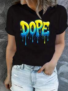 Camiseta Estampada para Mujer - Camiseta Casual Negra de Manga Corta y Cuello Redondo con Diseño de Pintura Goteante . Con un Corte Relajado para Todas las Estaciones, la Elección Perfecta Tanto para el Uso Diario como para tus Atuendos de Vacaciones (Lavable aáquina). - Negro - Ver 6