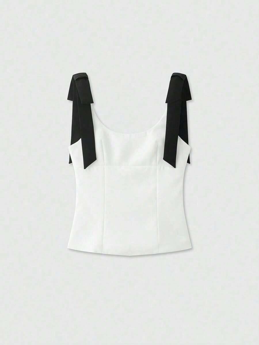 Blusa sin mangas de unicolor con decoración de lazo para verano - Blanco y Negro - Ver 1