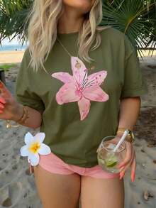 New Christmas Sportswear Fashionable Men's Explosive Short Sleeve 1 Piece Plus Size Women's Loose Off Shoulder Fit 100% Cotton T-Shirt Printed With Watercolor Pink Lily Designs, Perfect For Summer Beach Tropical Vacation And Music Festival Clothing Sets Creating Fresh Bohemian Style - 橄欖綠 - 查看 2