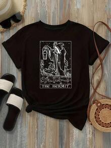 Camiseta de Mujer Casual de Corte Holgado, Opciones en Blanco y Negro, Estampado Gráfico de Carta del Tarot del Ermitaño, Camisetas para Uso Diario, Tops de Verano, Camisetas Gráficas, Conjuntos de Verano para Mujer, Camisetas Cortas para Mujer, Camisetas Vintage de Algodón, Ropa Linda para Mujer, Playera Holgada para Mujer - Negro - Ver 2