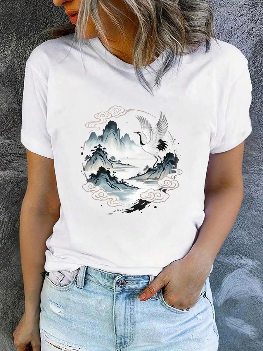 Women's Printed Short-Sleeved T-Shirt With A Round Neck, Modern And Casual, Machine Washable, Comfortable Fit. Casual Blouses For Women. - 白色_03 - 查看 1