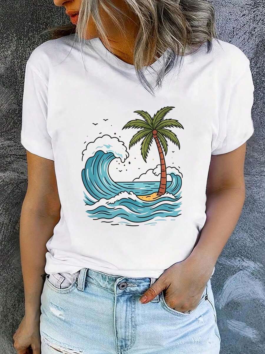 Women's Printed Short-Sleeved T-Shirt With A Round Neck, Modern And Casual, Machine Washable, Comfortable Fit. Casual Blouses For Women. - 白色_10 - 查看 1