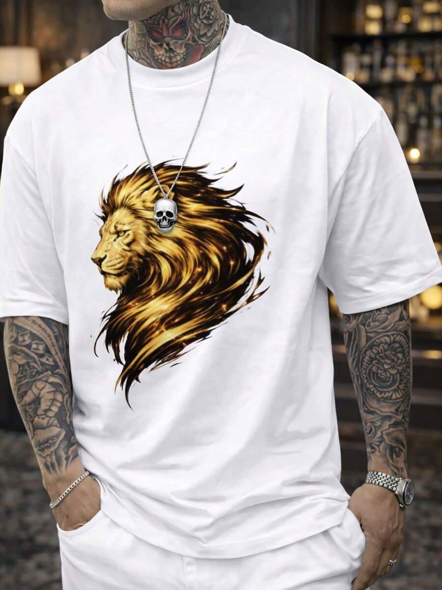Camiseta de hombre con cabeza de león dorada, cuello redondo, estilo casual, adecuada para todas las estaciones. - Blanco - Ver 1