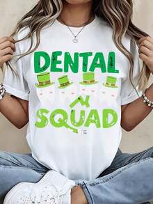 Nueva camiseta de moda para mujer con cuello redondo, diseño de equipo dental, estampado de diente blanco, sombrero de leprechaun y herramientas dentales para la celebración del Día de San Patricio. Diseño versátil, para el verano. - Negro - Ver 3