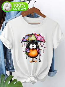 Camiseta de manga corta 100% para mujer - Linda camiseta gráfica de búho con paraguas de corazón, original y caprichosa para el Día de San Valentín, top casual de cuello redondo - Blanco - Ver 2