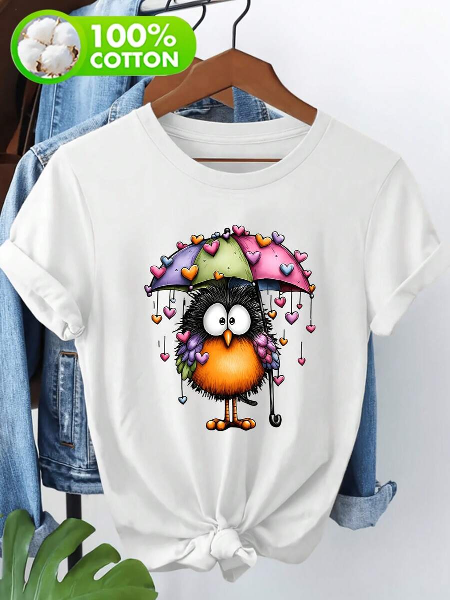Camiseta de manga corta 100% para mujer - Linda camiseta gráfica de búho con paraguas de corazón, original y caprichosa para el Día de San Valentín, top casual de cuello redondo