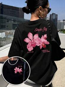 Camiseta de mujer con estampado frontal y trasero, fácil y divertida, patrón de orquídea, cuello redondo, moda casual de manga corta, para todas las estaciones y uso diario, top con diseño de estampado divertido - Negro - Ver 6