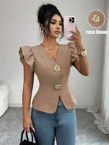 Elenzya Cárdigan de mujer elegante con decoración de hebilla metálica de unicolor y mangas abullonadas, blusa refinada de mujer - Marrón - Ver 11