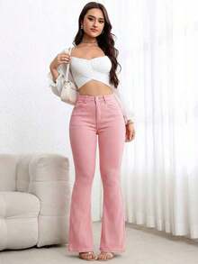 Jeans de mezclilla casual con bolsillo frontal y cierre de botones, para uso diario - Rosa - Ver 7