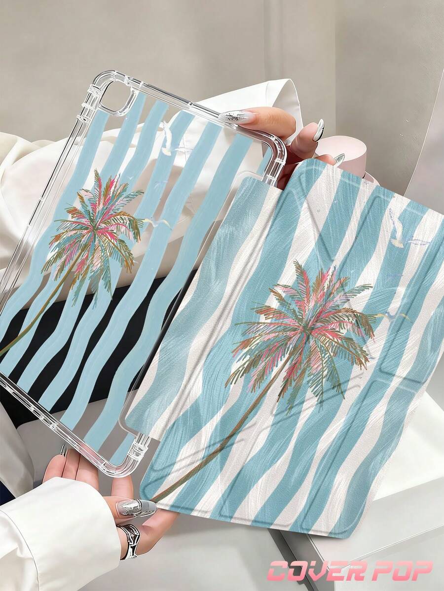 Ốp máy tính bảng họa tiết sọc xanh và cây dừa tương thích với iPad Air 8 (M4) 2026 (11 inch) / 2026 (13 inch), 9.7/10.2/10.5/10.9/12.9/Pro 11/A16, thế hệ thứ 10, Kindle Paperwhite thế hệ thứ 12 2024, Kindle (thế hệ thứ 11 - ra mắt năm 2024), chống rơi mềm mại, chức năng ngủ/thức thông minh, ốp máy tính bảng gập hình chữ Y, góc nhìn đa dạng.