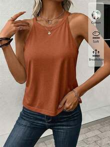LUNE Camiseta de tirantes ajustada y casual de mujer, 95% algodón, adecuada para el verano - Óxido marrón - Ver 4