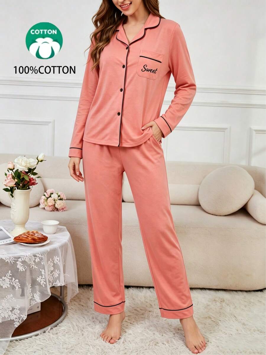 Bộ đồ ngủ thoải mái gồm áo dài tay và quần dài màu trơn, chất liệu 100% cotton, kiểu dáng rộng rãi, có túi, dành cho nữ. - Màu Hồng San hô - Xem 1