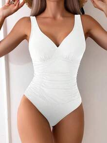 Traje de baño de una pieza con espalda descubierta y unicolor, adecuado para vacaciones en la playa - Blanco - Ver 8