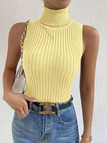 Top de cuello tortuga tejido de canalé - Amarillo claro - Ver 5