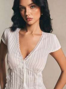 Blusa de escote en V con adorno de encaje para el verano - Blanco - Ver 6
