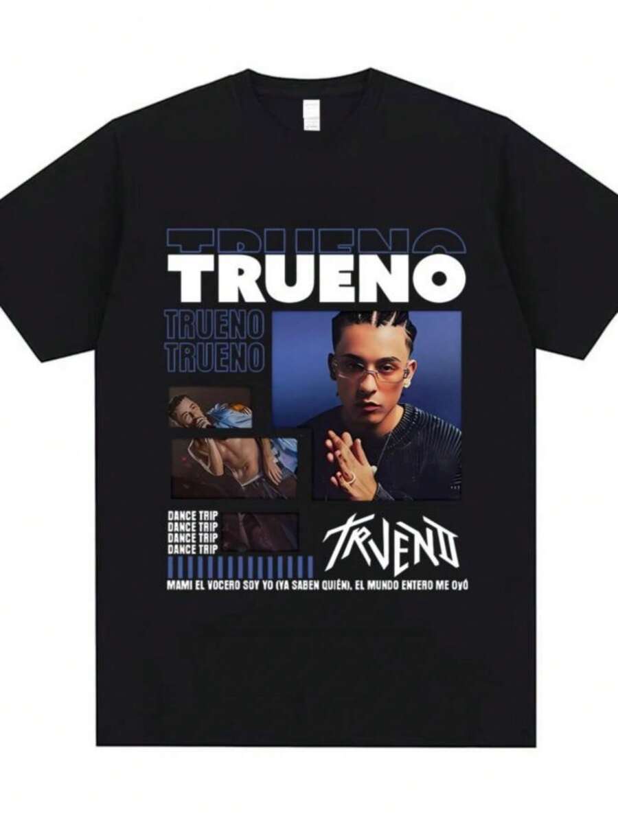 playeras de mujerRare Rapper Trueno Dance Taip Print T-shirt Unisex Vintage Oversized T Shirts Men Women Hip Hop Fashion 100 Pure Cotton Tshirt - Negro - Ver 1