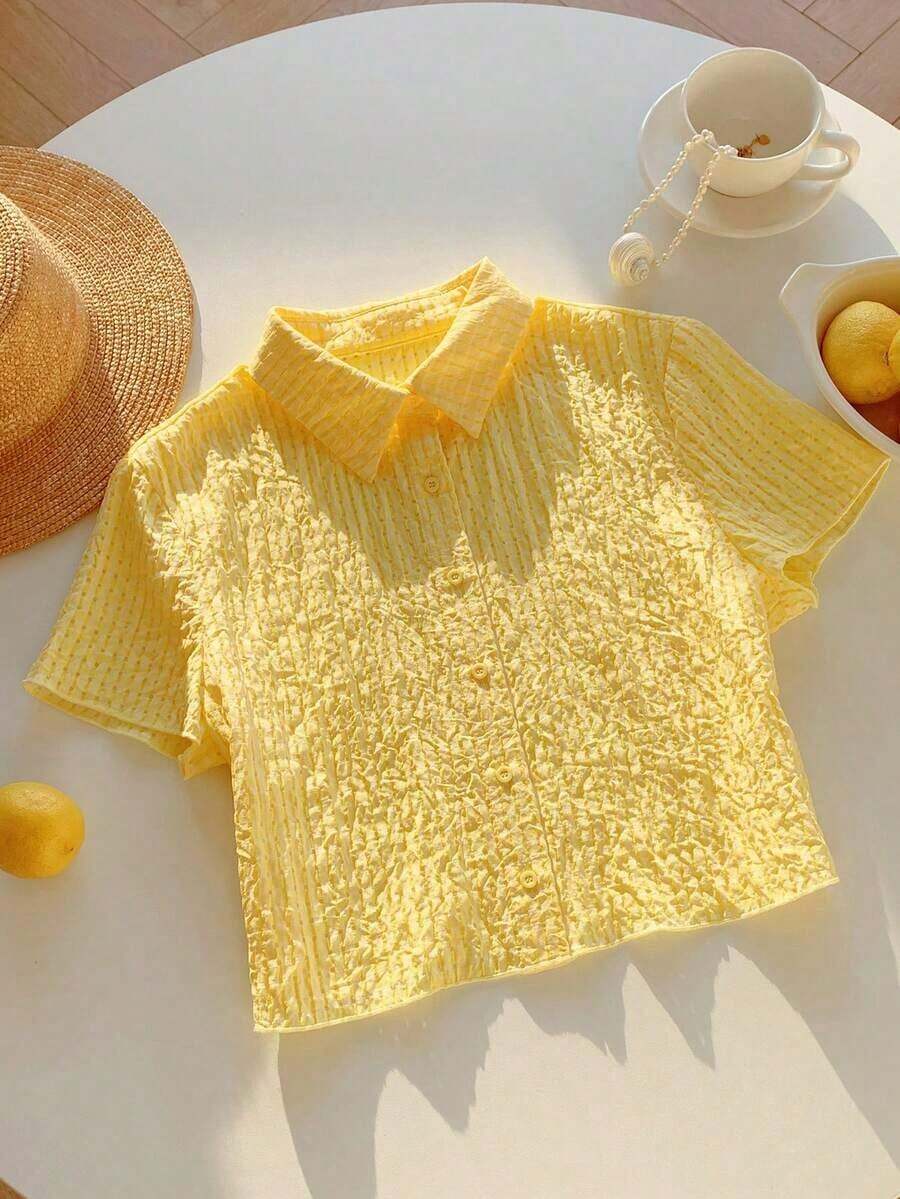 Camisa de punto de lima con botones y mangas cortas para el verano - Amarillo claro - Ver 1