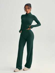 Purple Zipper Fitted Long Sleeve Top + Loose Wide Leg Pants 2pcs Yoga Outfit Sports - Dark Green - View 5