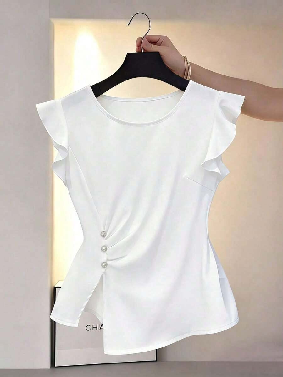 Blusa de mujer nueva y elegante con bajo asimétrico y mangas con volantes, ropa casual para vacaciones, uso diario, adecuada para el Día de San Valentín, Carnaval, playa, vacaciones de verano - Blanco - Ver 1