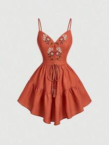 Vestido de vacaciones con estampado floral, con tirantes de botones atados para mujer - Óxido marrón - Ver 1