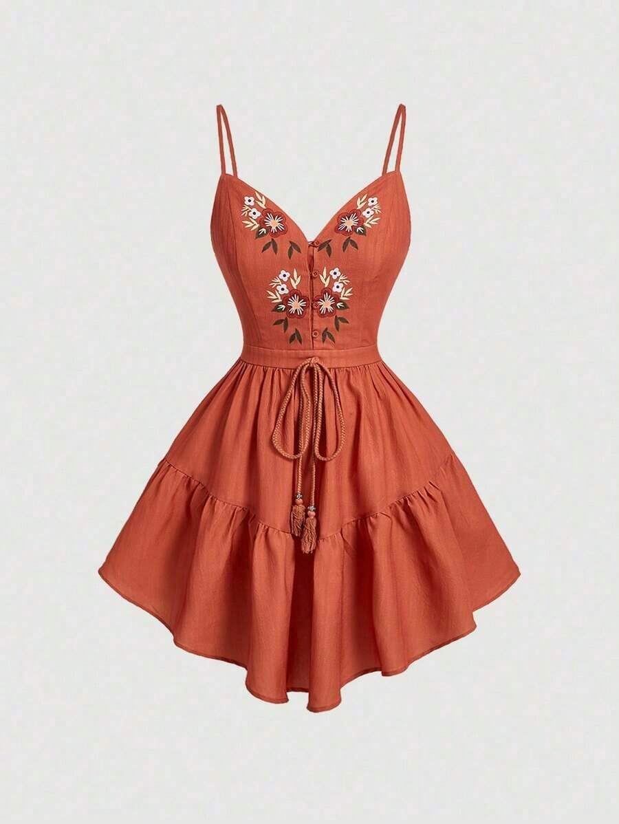 Vestido de vacaciones con estampado floral, con tirantes de botones atados para mujer - Óxido marrón - Ver 1