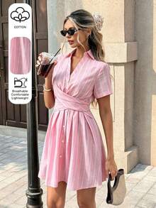 Vestido camisero de verano para mujer, de cuello en V, con mangas raglán, cruce y lazo en la cintura, a rayas en color rosa - Rosa - Ver 1