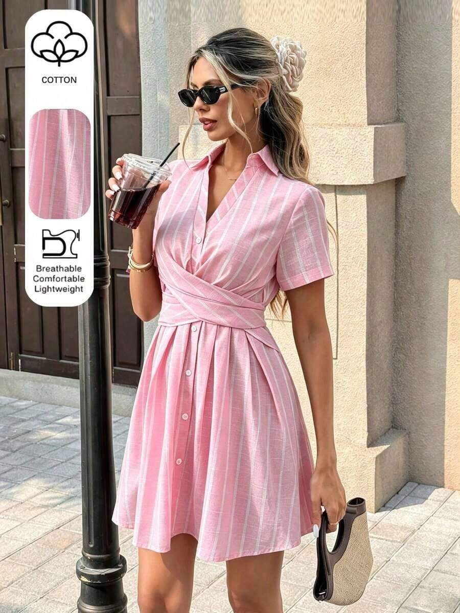 Vestido camisero de verano para mujer, de cuello en V, con mangas raglán, cruce y lazo en la cintura, a rayas en color rosa - Rosa - Ver 1