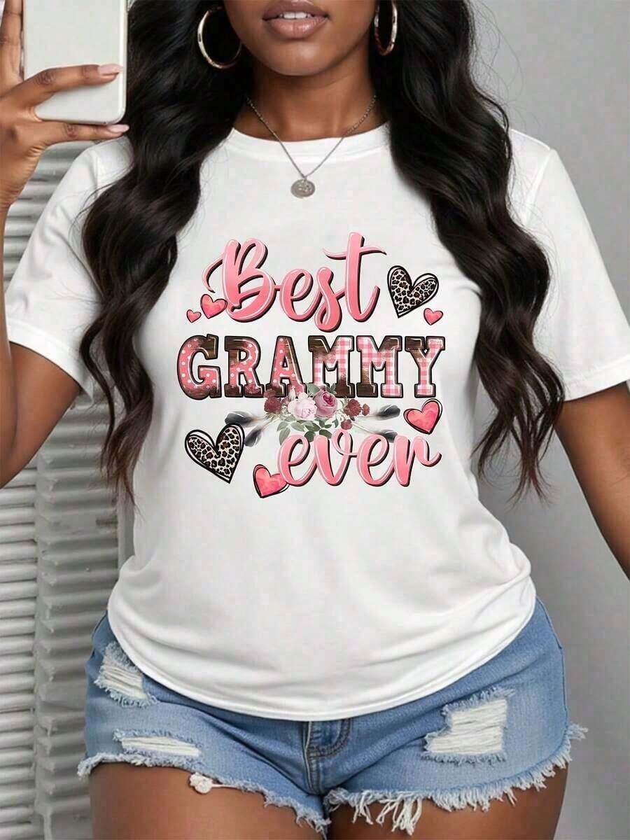 Women's T-Shirt With Mom And Grandma Print - Soft, Micro-Stretch Fabric, Positioned Letter Print, Casual Short-Sleeve T-Shirt For Spring And Summer, Machine Washable, Regular Fit, Knit Fabric, Women's Clothing For Everyday Wear And Gifts. Simple Solid Color T-Shirt, Breathable And Comfortable, Casual T-Shirt For Everyday Wear. - 白色的 - 查看 1