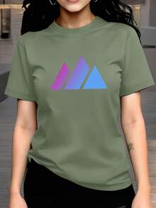 Women's Top For Spring Summer, 100% Casual, Short Sleeve And Round Neck, T-Shirt With Printed Design And Geometric Pattern - Green - View 1