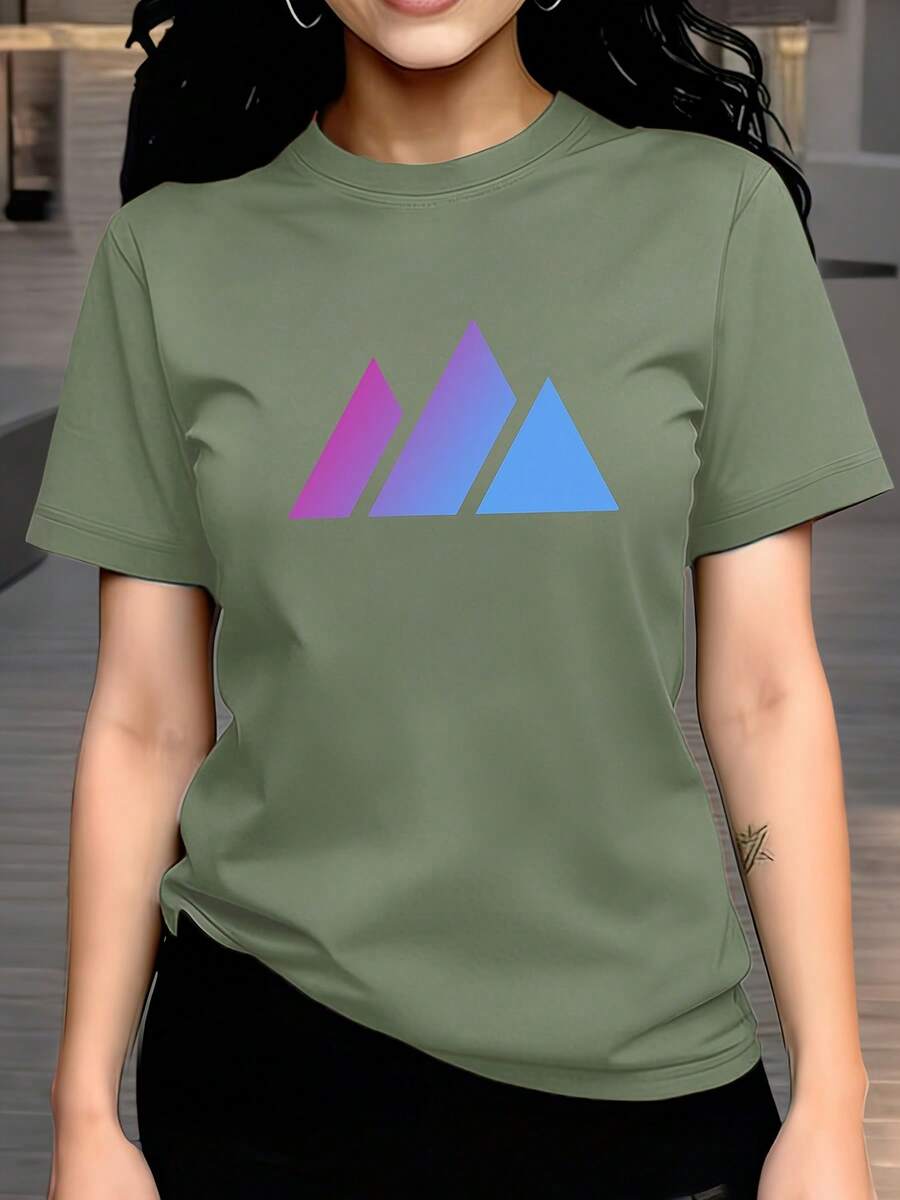 Women's Top For Spring Summer, 100% Casual, Short Sleeve And Round Neck, T-Shirt With Printed Design And Geometric Pattern - Green - View 1