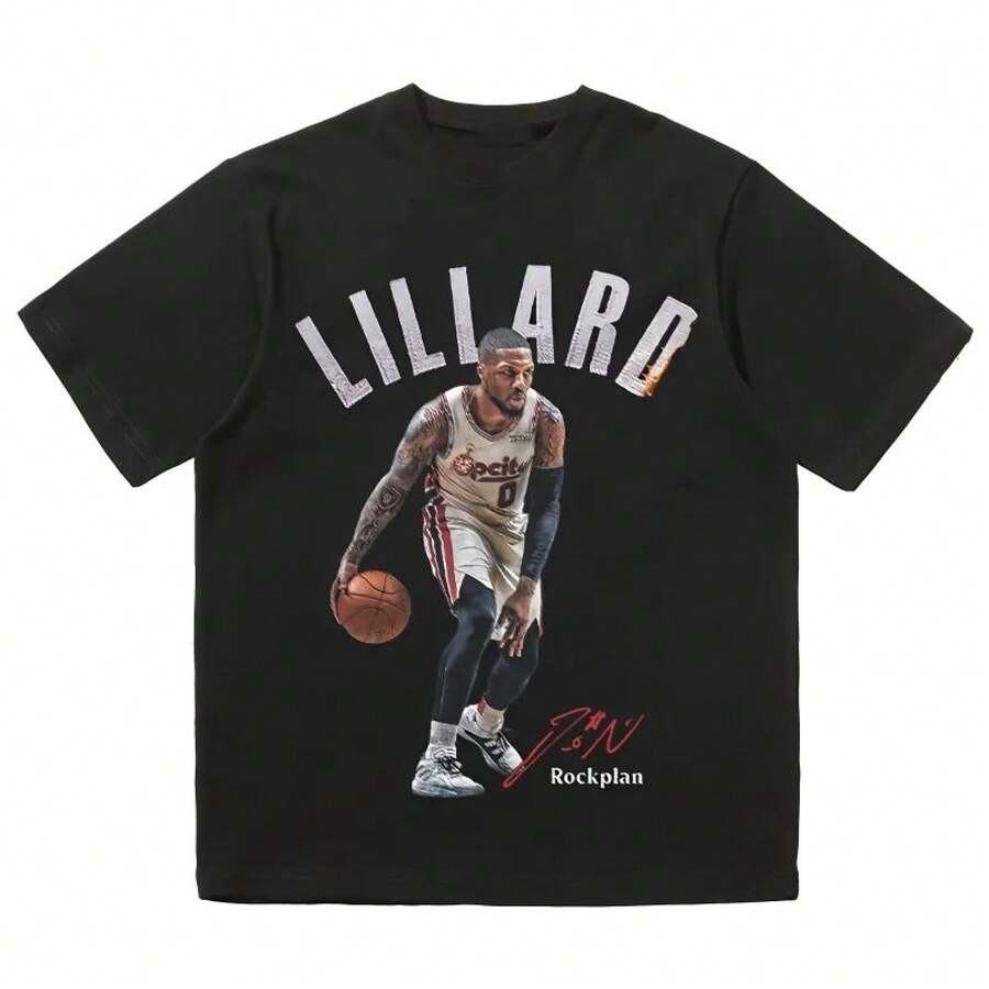 Men's Short-Sleeved T-Shirt, Loose Fit, 100% Cotton, Basketball T-Shirt With Retro Print Of Portland Trail Blazers Star Lillard, Niche Hip-Hop Style. - 黑色 - 查看 1