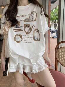 New Women's Custom T-Shirt With Cat Print, Round Neck, Casual, For Teenagers, Short Sleeve, Vintage Summer Style, Unisex, Loose Fit, Cotton, Round Neck. - 白色 - 查看 1