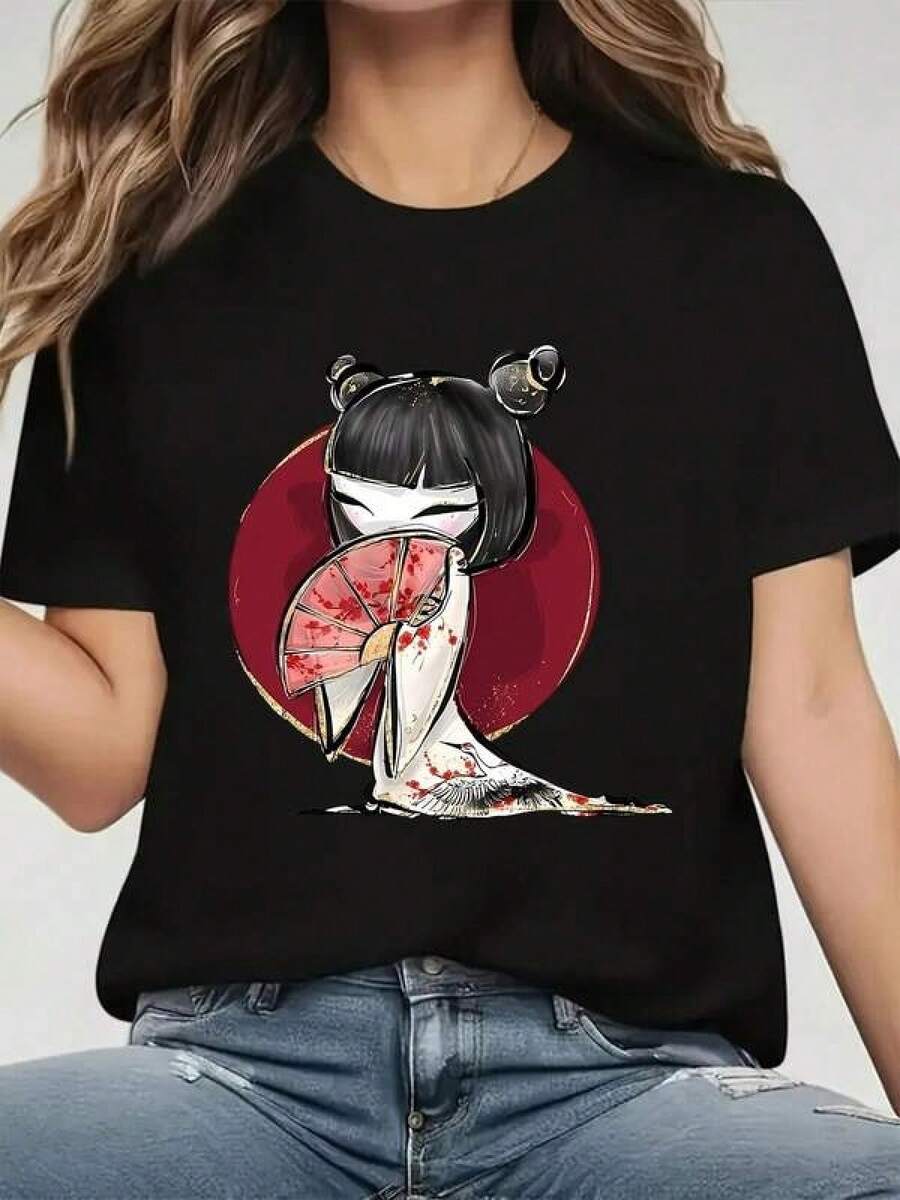 100% Algodón Premium 180g .¡Oferta Especial!Playera.Tshirt única con diseño Y2K de chica japonesa sosteniendo abanico en colores vibrantes y moderno estilo artístico ideal para amantes de la cultura pop y la moda contemporánea porque destaca en cualquier ocasión y añade un toque especial a tu guardarropa.Camiseta Streetwear Unisex Ideal para Conciertos y Regalo - Negro - Ver 1