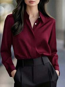 Camisa de manga larga de unicolor elegante para mujer - Blusa de cuello clásico no transparente, tela premium para primavera, verano, otoño, versátil para uso casual y profesional, lavable a máquina/limpieza en seco, diseño estilizado, textura refinada Blanco - Burdeos - Ver 5