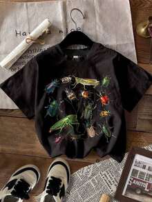 Camiseta de manga corta con cuello redondo y gráfico de insecto minimalista casual para niño, mezcla de algodón, adecuada para el verano100% Cotton - Negro - Ver 6