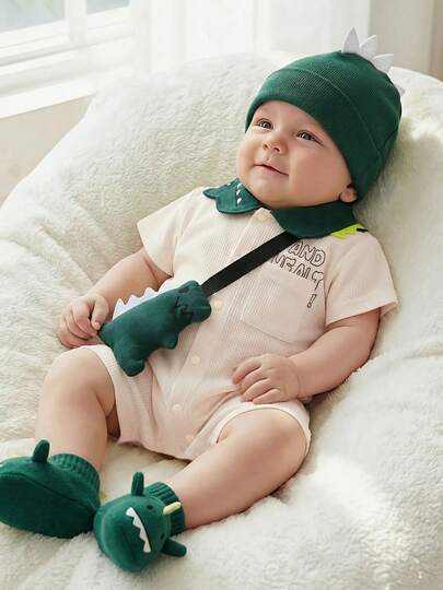 Bộ áo liền quần ngắn tay mùa hè cho bé trai, thiết kế khủng long dễ thương, phối màu tương phản, đáng yêu và thời trang, chất vải mềm mại và thoải mái, dễ mặc và cởi, thích hợp cho các hoạt động hàng ngày và chụp ảnh.