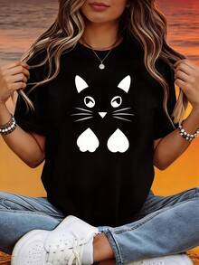 Vintage, Retro, Y2K - Women's Pure Cotton T-Shirt, Slim Fit Short Sleeve Tee, Simple Style With Cat Face And Heart Paw Print Design, Soft To The Touch Fabric, Casual Women's Top, Fashion Top - Maternity, Summer, Winter - 黑色 - 查看 6