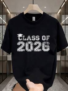 Men's Casual T-Shirt With Graduation Cap Print For The Class Of 2026, Perfect For Urban Style And Everyday Wear - 黑色 - 查看 7
