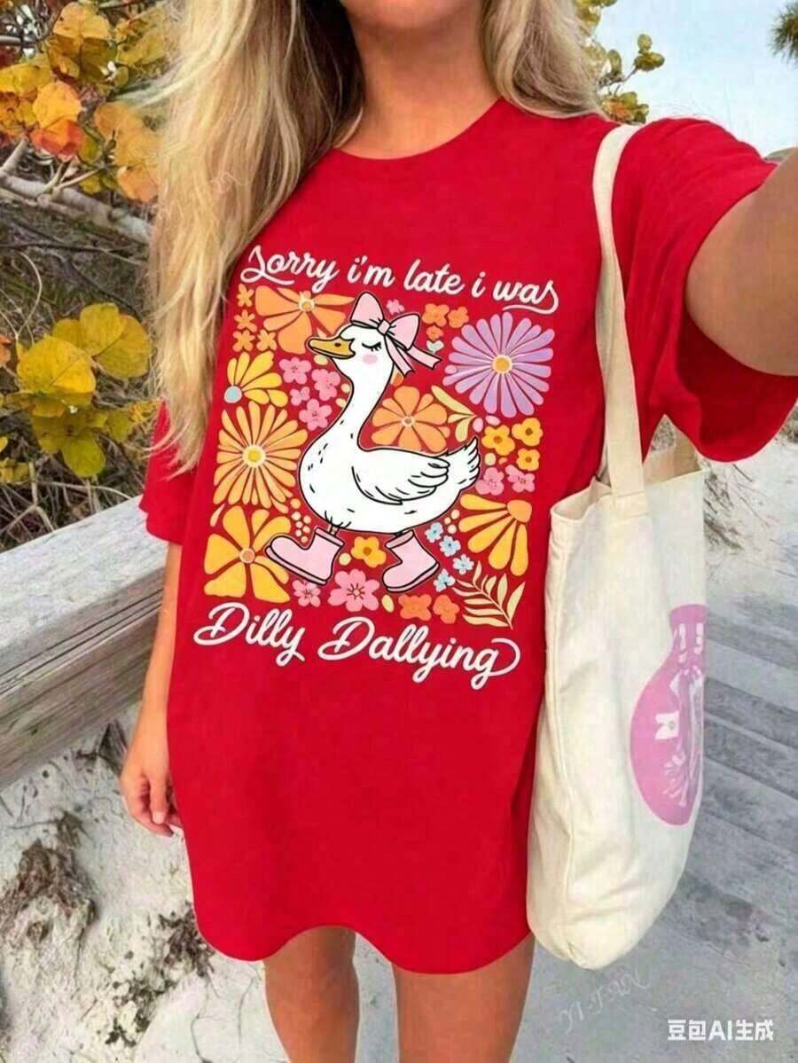 Women's Short-Sleeved T-Shirt, 100% Cotton. Sorry I'm Late, I Was Wasting Time. Casual Short-Sleeved T-Shirt With A Round Neck And Goose Print For Moms, Loose Fit, Bohemian Style. Casual Short-Sleeved T-Shirt With A Floral Print, Spring/Summer Style. 100% Cotton - 紅色的 - 查看 1