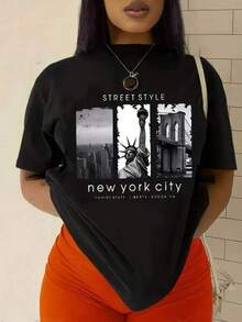 100% Algodón Premium 180g .¡Oferta Especial!Playera.Estilo urbano camiseta 'New York City' con diseño gráfico moderno 'Nueva York' casual 'Estilo callejero' adecuada para todos 'Texto estampado en blanco y negro de Ciudad' tamaño único negro moda mujer  exclusiva.Camiseta Streetwear Unisex Ideal para Conciertos y Regalo - Negro - Ver 6