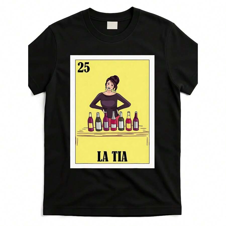 Camiseta Aunt La Tia - Estampado Gráfico Divertido con Temática Mexicana, 100% Algodón de 180G, Camiseta Unisex de Cuello Redondo y Manga Corta para Hombres y Mujeres, Ligera y Transpirable, Perfecta para Salidas Casuales, Camiseta para Uso Diario | Camiseta con Diseño Divertido | Camiseta de algodón casual diaria lavable a máquina - Negro - Ver 1