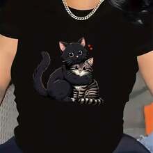 Women's T-Shirt With Funny Phrase In Spanish And Cartoon Character Print - Black - View 1