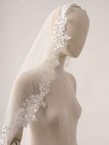 1pc Fingertip Length Pearl Bridal Wedding Veil, White/Ivory Lace Trim Decorated With Comb - Multicolor - View 9