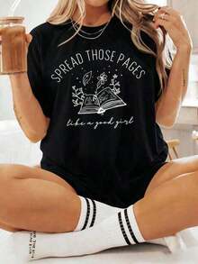 Men's Vintage Graphic T-Shirt Under The Radar, Oversized Book Lover's T-Shirt With Page Design, Floral Book Illustration With Literary Aesthetic, Gift For Father's Day Or Graduation, Men's Unisex Short Sleeve Crew Neck Cotton T-Shirt, Vintage Urban Style - 黑色 - 查看 7