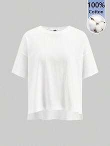 Camiseta básica minimalista de mujer de algodón suave, con parte delantera corta y parte trasera larga, estilo elegante adecuado para salidas, combinaciones, viajes, vacaciones, playa, fiestas, cumpleaños, festivales de música - Blanco 4 - Ver 2