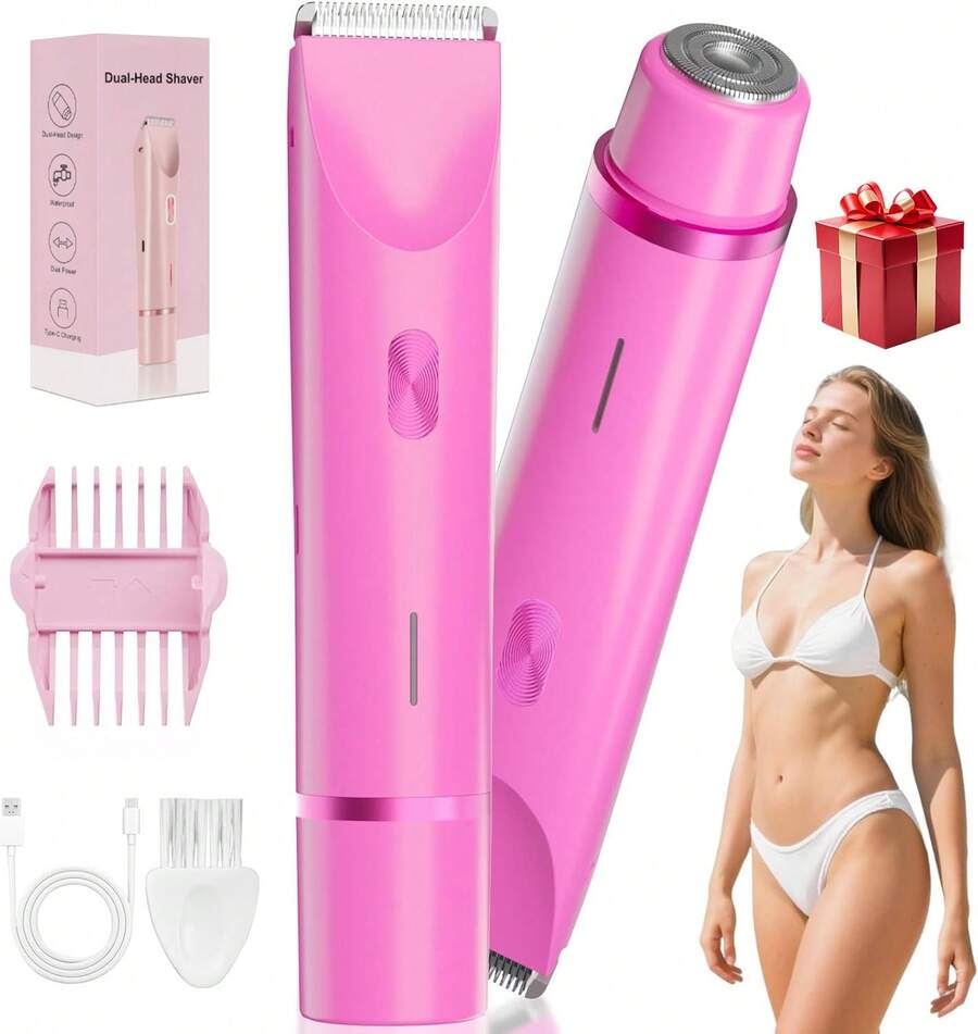 2025 Womens Shaver Dual-Head Bikini Trimmer For Women 2-In-1 Women's Body Shaver USB Charge Waterproof Painless Electric Razors For Silk Skin,IPX7,Valentine's Day Gift (Pink/Purple/Black/Blue/White) - 玫紅色 - 查看 1
