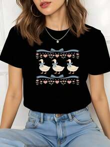 New Fashionable Women's T-Shirt With Round Neck And Duck Print, Casual Women's T-Shirt, Cute Cotton T-Shirt With Goose Print, 1 Piece, Lovely Graphic Print T-Shirt, Versatile Design Ready For Summer. - 黑色 - 查看 1
