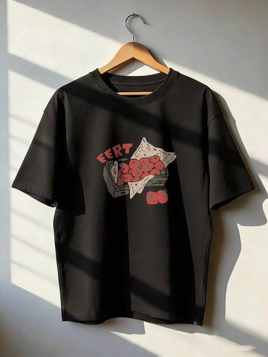 Strawberry Print T-Shirt With "EERT" Text, Short-Sleeve T-Shirt For Spring/Summer 2026, Made In Mexico, 180 Grams. Cartoon Print, Couple Design, Suitable For Indoor Or Outdoor Wear. Crew Neck, Unisex, Ideal For Office And Leisure. One-Pack. - BK-P631577SLNDXZGY636 - 查看 1