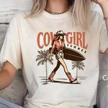 Camiseta Gráfica de Estilo Casual de Verano Ligera para Mujer, Estilo Vaquero Retro de Playa con Estampado de Palmeras, Camiseta de Manga Corta de Algodón Suave, Corte Holgado, Estilo Bohemio, Ropa Country Western para Mujer, 100% Algodón. - Blanco 003 - Ver 1